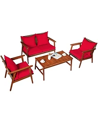 4 Pieces Acacia Wood Patio Rattan Furniture Set with Zippered Cushions