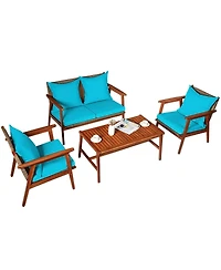 4 Pieces Acacia Wood Patio Rattan Furniture Set with Zippered Cushions