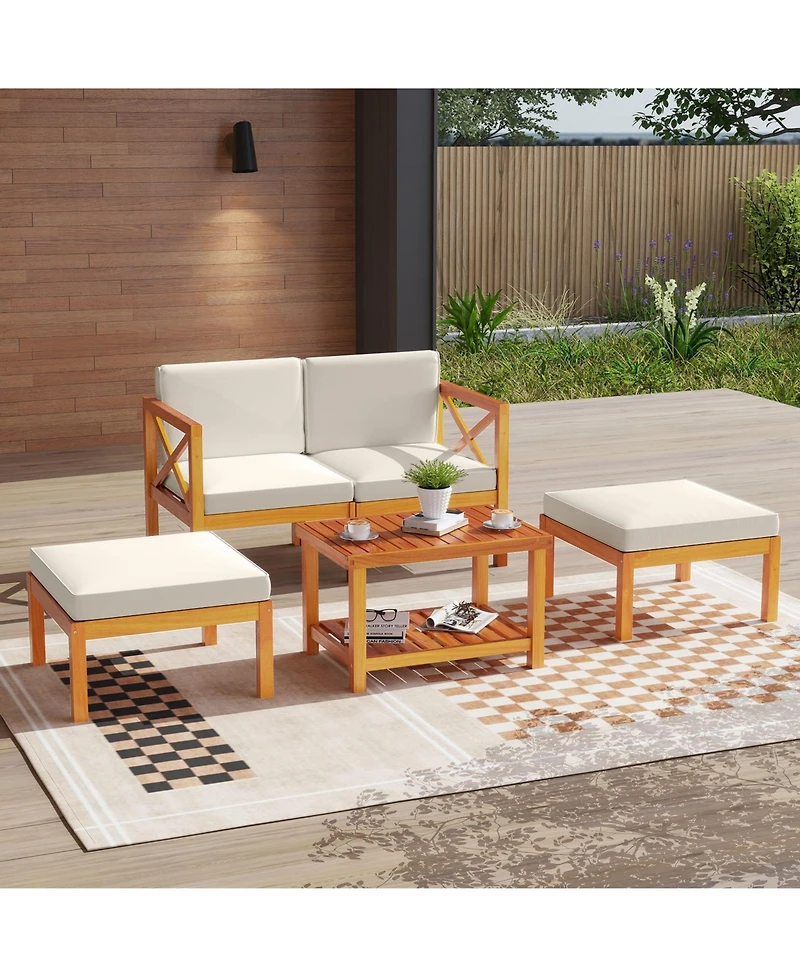 5 Pieces Acacia Wood Patio Lounge Chair Set with Ottomans and Cushions-White