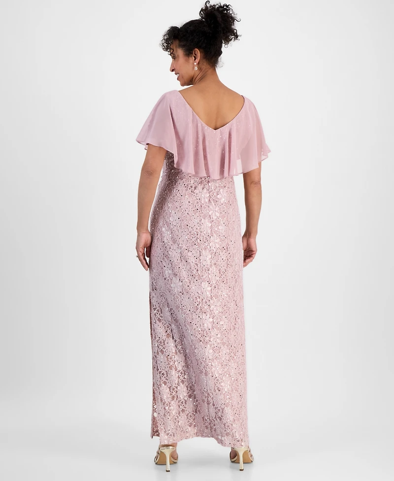 Connected Sequined Lace Chiffon Overlay Gown