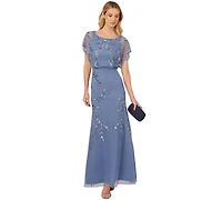 Papell Studio Women's Beaded Flutter-Sleeve Blouson Gown
