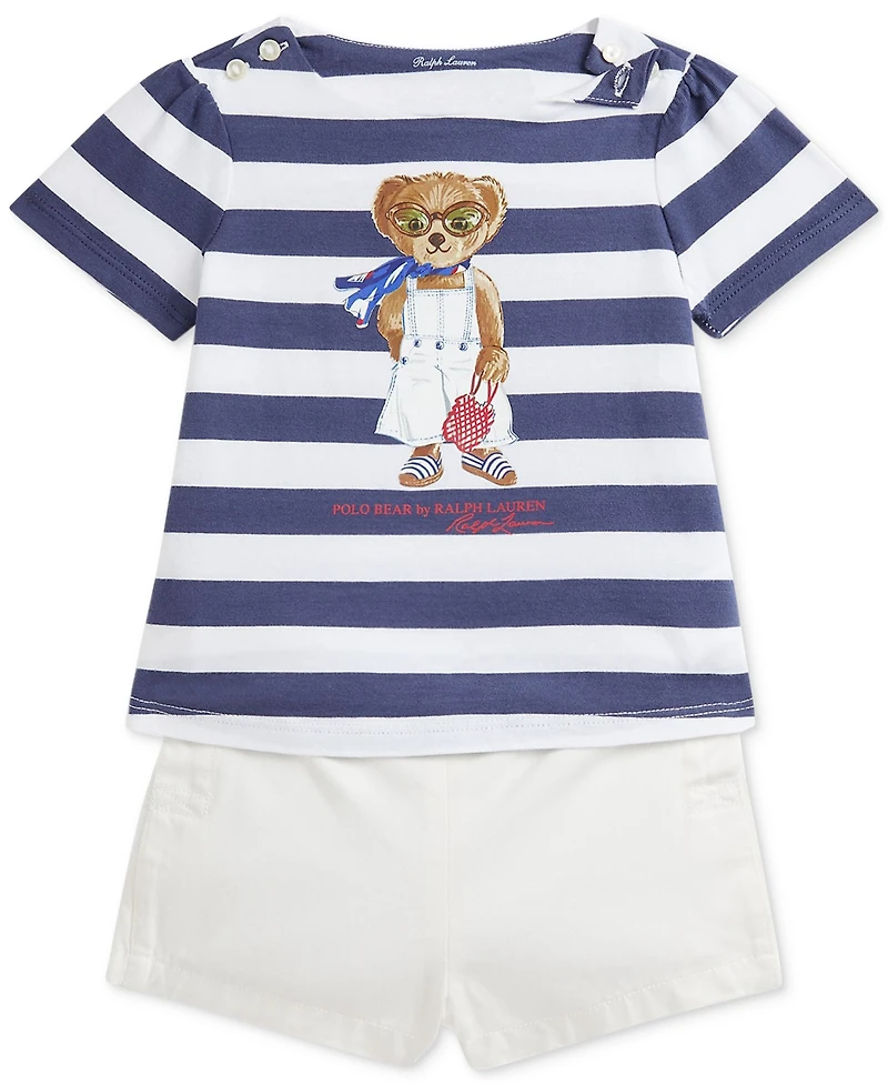 Polo Ralph Lauren Baby Girls Striped Bear Tee & Twill Short Set
