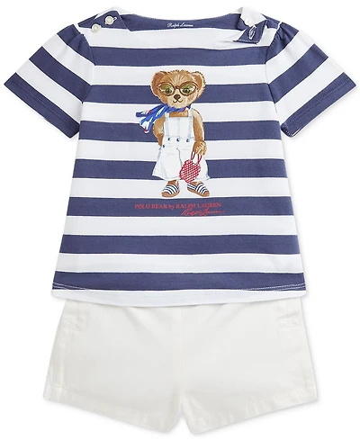 Polo Ralph Lauren Baby Girls Striped Bear Tee & Twill Short Set