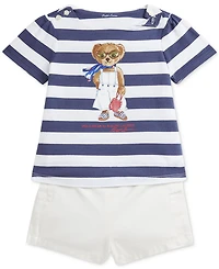 Polo Ralph Lauren Baby Girls Striped Bear Tee & Twill Short Set