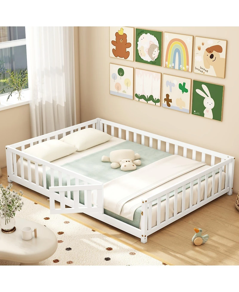 Montessori Bed Frame with Full-length Guardrails Safety Door and Latch