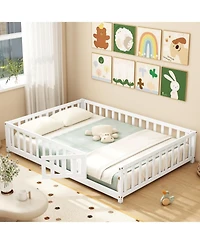 Montessori Bed Frame with Full-length Guardrails Safety Door and Latch