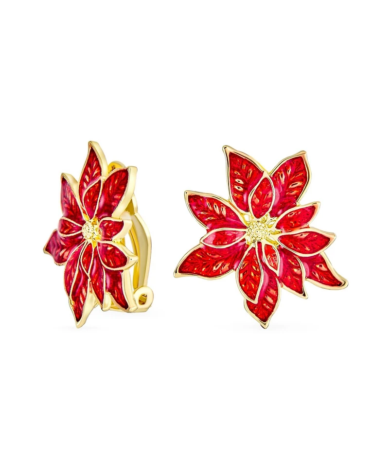Bling Jewelry Large Statement Poinsettia Brooch Clip-On Earrings Set White Red Enamel