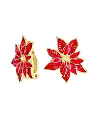 Bling Jewelry Large Statement Poinsettia Brooch Clip-On Earrings Set White Red Enamel