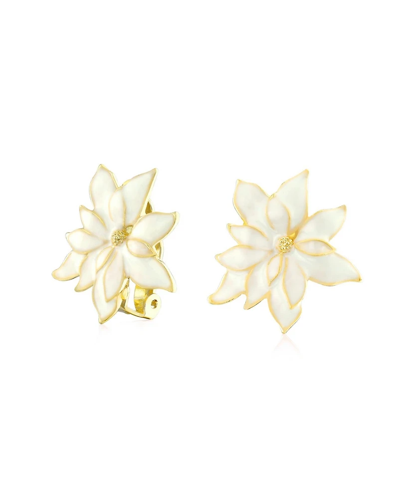 Bling Jewelry Large Statement Poinsettia Brooch Clip-On Earrings Set White Red Enamel
