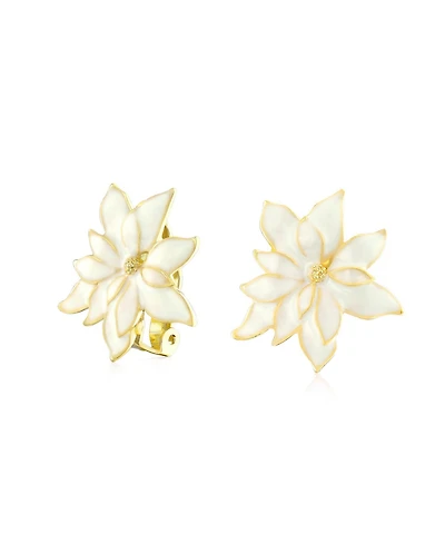 Bling Jewelry Large Statement Poinsettia Brooch Clip-On Earrings Set White Red Enamel