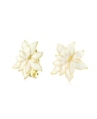 Bling Jewelry Large Statement Poinsettia Brooch Clip-On Earrings Set White Red Enamel