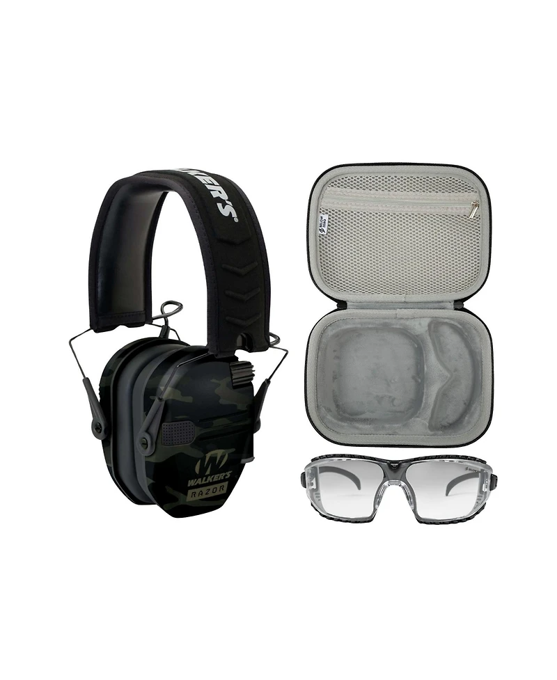 Walker's Game Ear Razor Slim Electronic Lightweight Shooting Hunting Range Hearing Protection Muffs Glasses Bundle