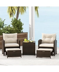5 Pieces Patio Rattan Furniture with 2 Ottomans and Tempered Glass Coffee Table