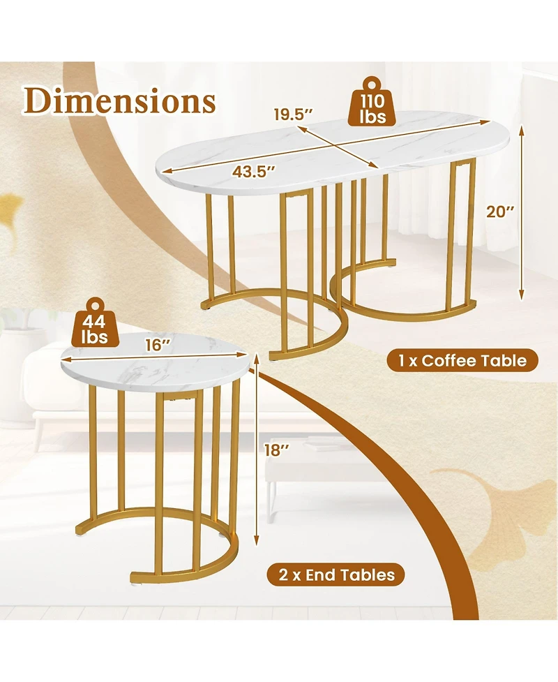 Nesting Coffee Table Set of 3 with Faux Marble Tabletop and Powder-coated Metal Frame
