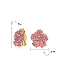 Bling Jewelry Pink Red Enamel Flower Crystal Edge Clip-On Earrings Gold Plated For Non-Pierced