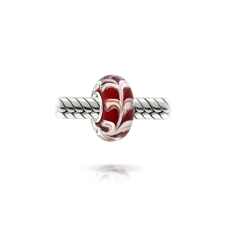 Bling Jewelry Red White Vine Murano Glass Charm Bead with Sterling Silver Core Bracelets