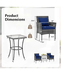 Gymax 3-Piece Patio Furniture Set Pe Wicker Conversation Bistro Set w/ A Tempered Glass Table