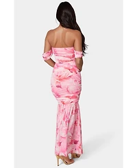 Bebe Women's Off Shoulder Ruched Mesh Gown