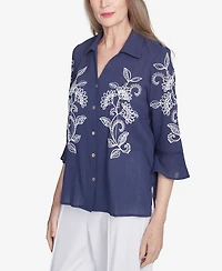 Alfred Dunner Women's Nantucket Embroidered Marine Button Front Top