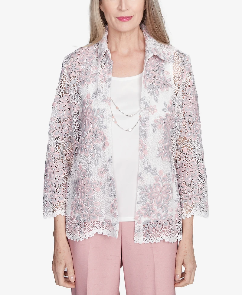 Alfred Dunner Women's Estate of Mind Floral Lace Two in One Top with Necklace