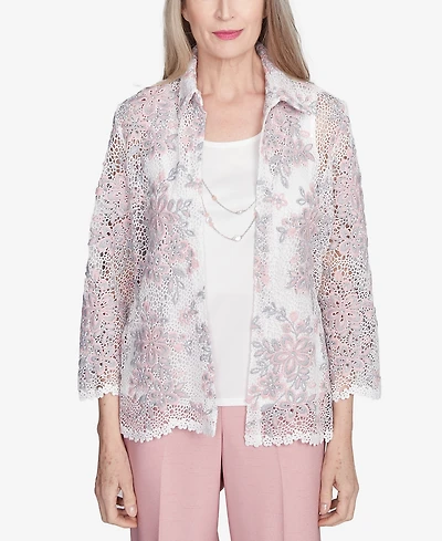 Alfred Dunner Women's Estate of Mind Floral Lace Two in One Top with Necklace
