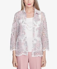 Alfred Dunner Women's Estate of Mind Floral Lace Two in One Top with Necklace
