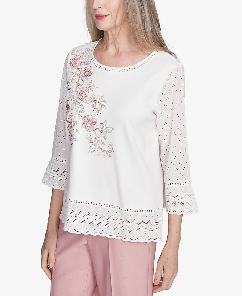 Alfred Dunner Women's Estate of Mind Embroidered Floral Eyelet Trim Top