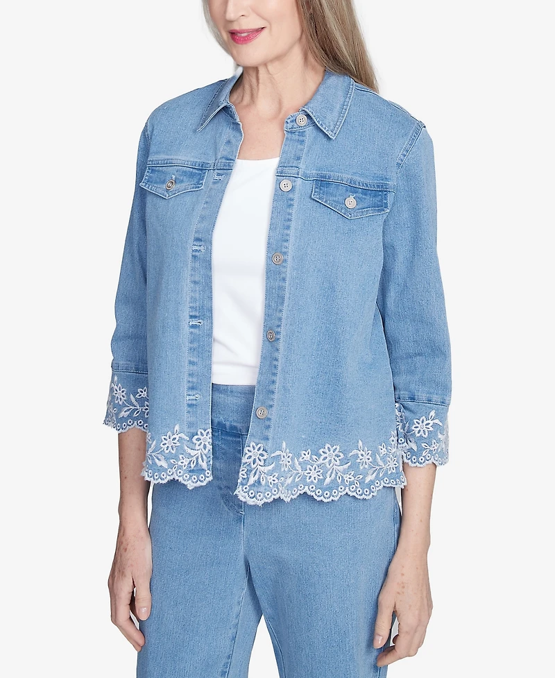 Alfred Dunner Women's Flower Power Denim Floral Embroidered Jacket
