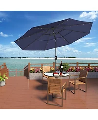 10 Ft Patio Umbrella with Solar Lights 3-Tier Outdoor Table Market Pool Umbrellas for Patio, Red
