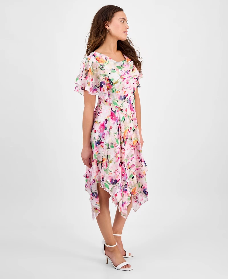Robbie Bee Women's Floral Clip-Dot Cowlneck Asymmetric Dress