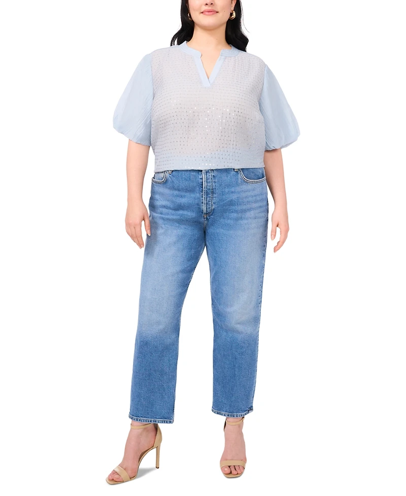 Vince Camuto Plus Sequin-Front Balloon-Sleeve Top