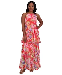 Jessica Howard Petite Floral-Print Tiered Halter Gown