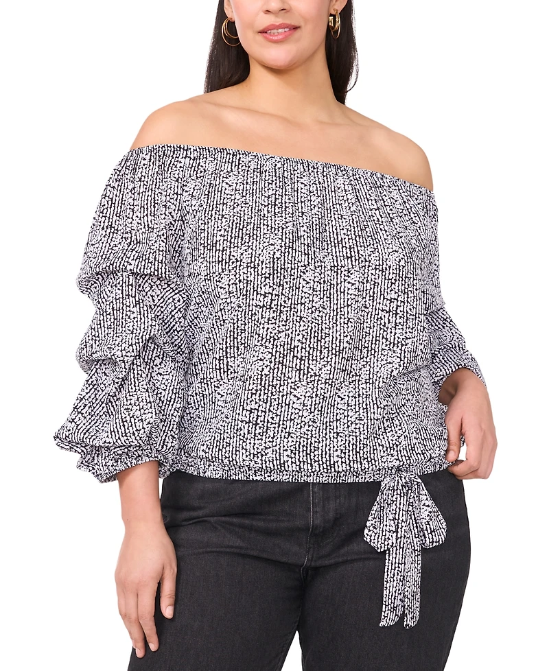 Vince Camuto Plus Size Printed Off-The-Shoulder Bubble 3/4-Sleeve Tie-Front Blouse