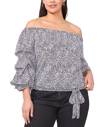 Vince Camuto Plus Size Printed Off-The-Shoulder Bubble 3/4-Sleeve Tie-Front Blouse