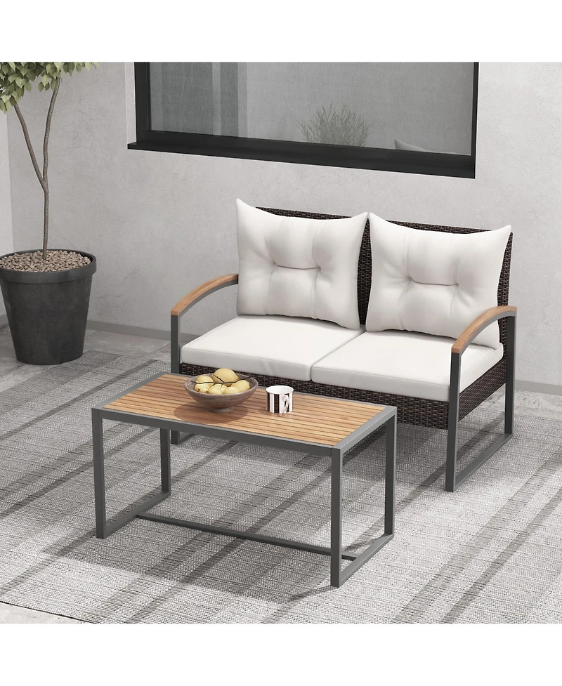 2 Pieces Patio Pe Wicker Furniture Set with Acacia Wood Coffee Table