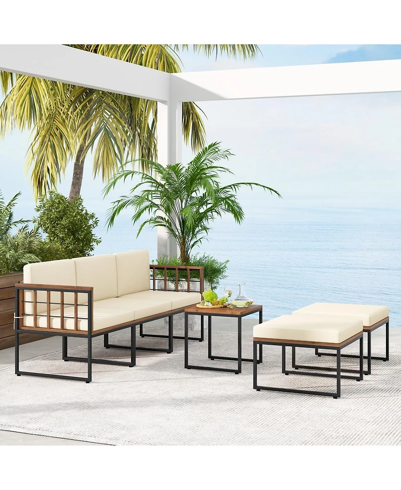 6 Pieces Acacia Wood Patio Furniture Set with Coffee Table and Ottomans