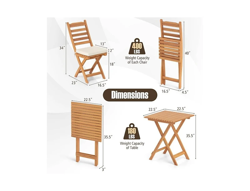 Folding Chair Table Set with Soft Seat Cushions and Table-White