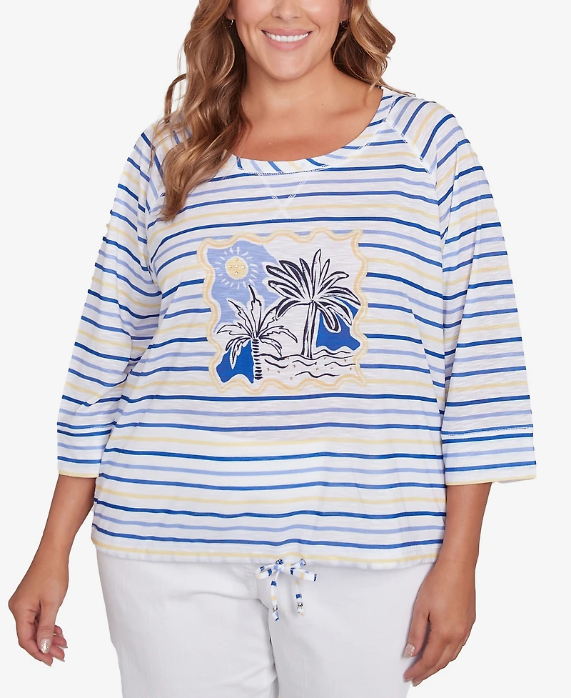 Hearts Of Palm Plus Making Waves Beach Scene Drawstring 3/4 Sleeve Top
