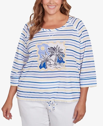Hearts Of Palm Plus Making Waves Beach Scene Drawstring 3/4 Sleeve Top