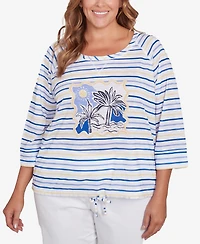 Hearts Of Palm Plus Making Waves Beach Scene Drawstring 3/4 Sleeve Top