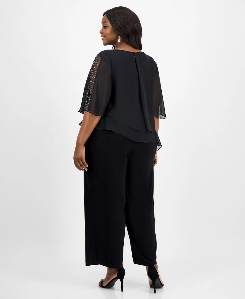Sl Fashions Plus Size Tier-Cape Embellished Jumpsuit