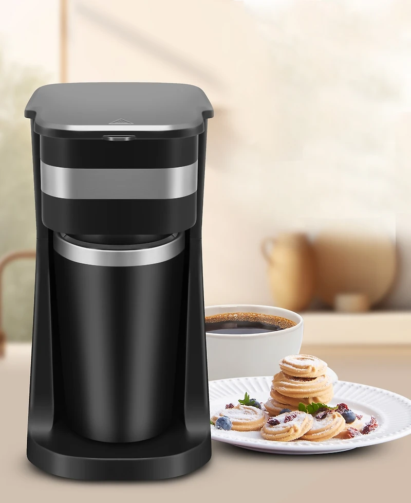 Elite Cuisine Personal Coffee Maker with Stainless Steel Interior Travel Mug