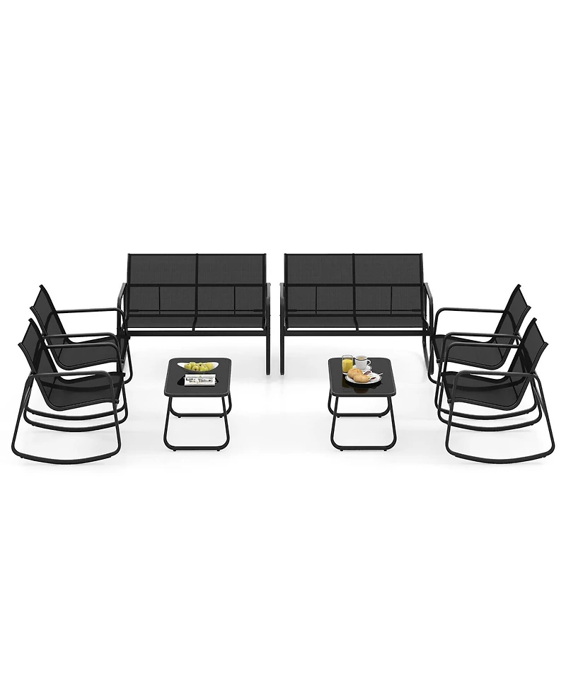 Gymax 8 Pcs Rocking Bistro Set Patio Furniture Set w/ Loveseat Rocking Chairs & Coffee Table