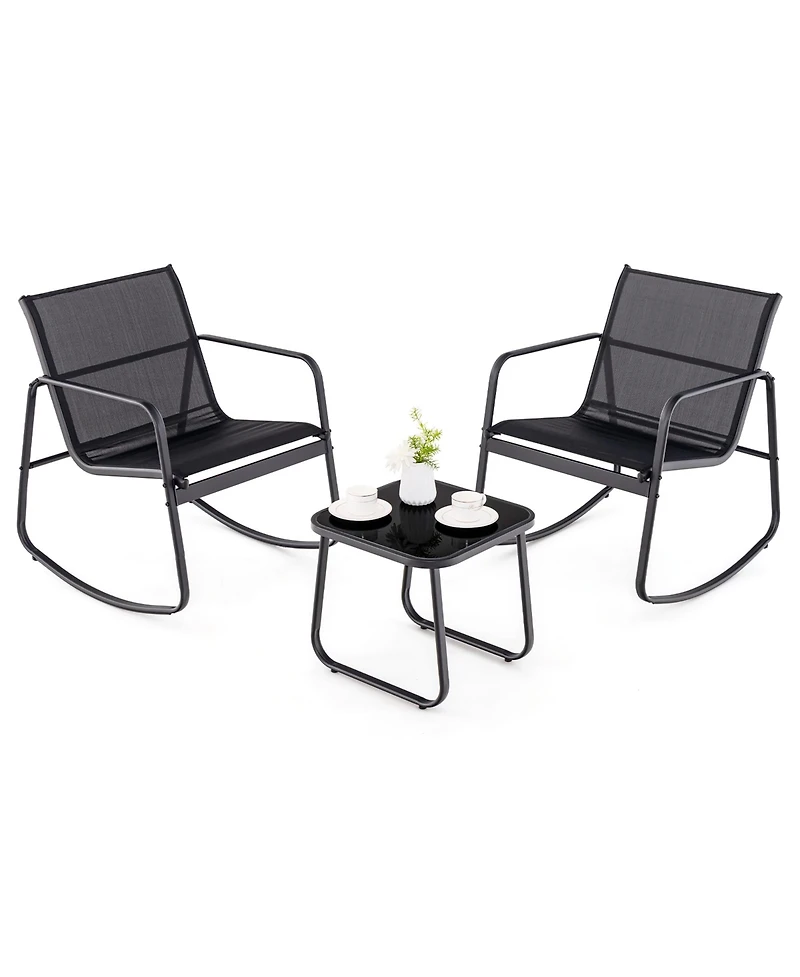 Gymax 3 Piece Rocking Bistro Set Patio Furniture Set w/ 2 Rocking Chairs & Glass-Top Coffee Table