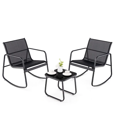 Gymax 3 Piece Rocking Bistro Set Patio Furniture Set w/ 2 Rocking Chairs & Glass-Top Coffee Table