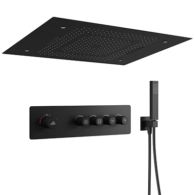 23 Inch Thermostatic Rainfall Shower System with Handheld Sprayer Rainfall Ceiling Shower Head with Led Lights Matte Black Wall Mounted Shower System