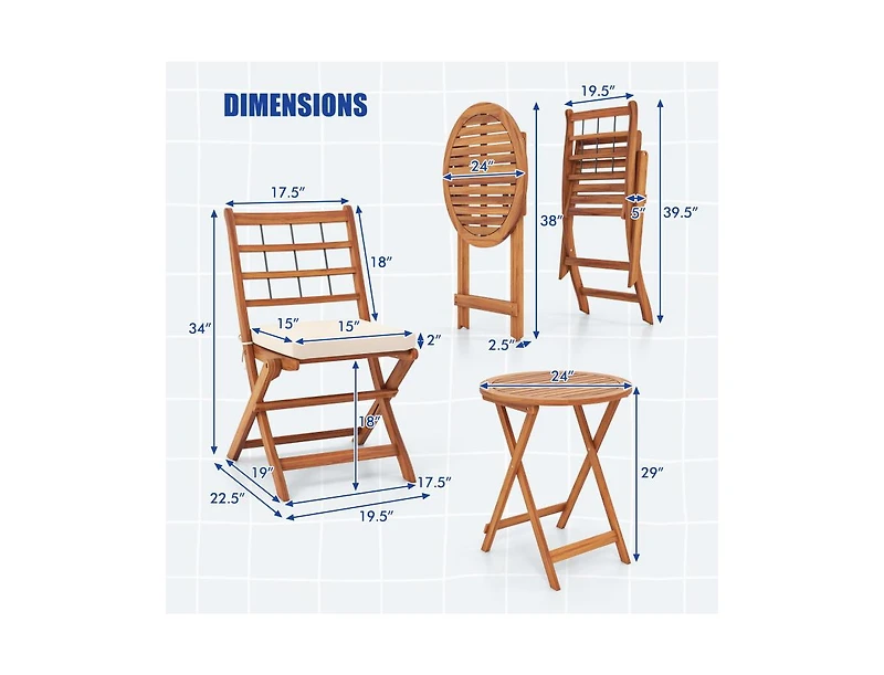 3 Pieces Acacia Wood Patio Bistro Set with Cushions
