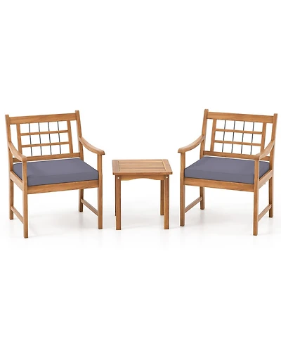 3 Piece Wood Patio Furniture Set with Seat Cushions and Acacia Frame