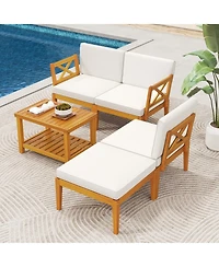 5 Pieces Acacia Wood Patio Furniture Set with 2-Tier Coffee Table and Cushions-White