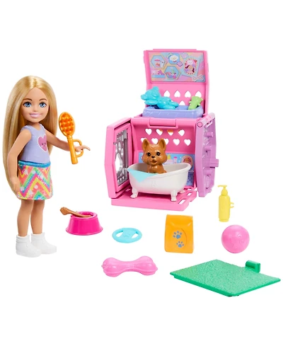 Barbie Chelsea Puppy Carrier Playset, Small Doll and Dog Carrier with Puppy Accessories